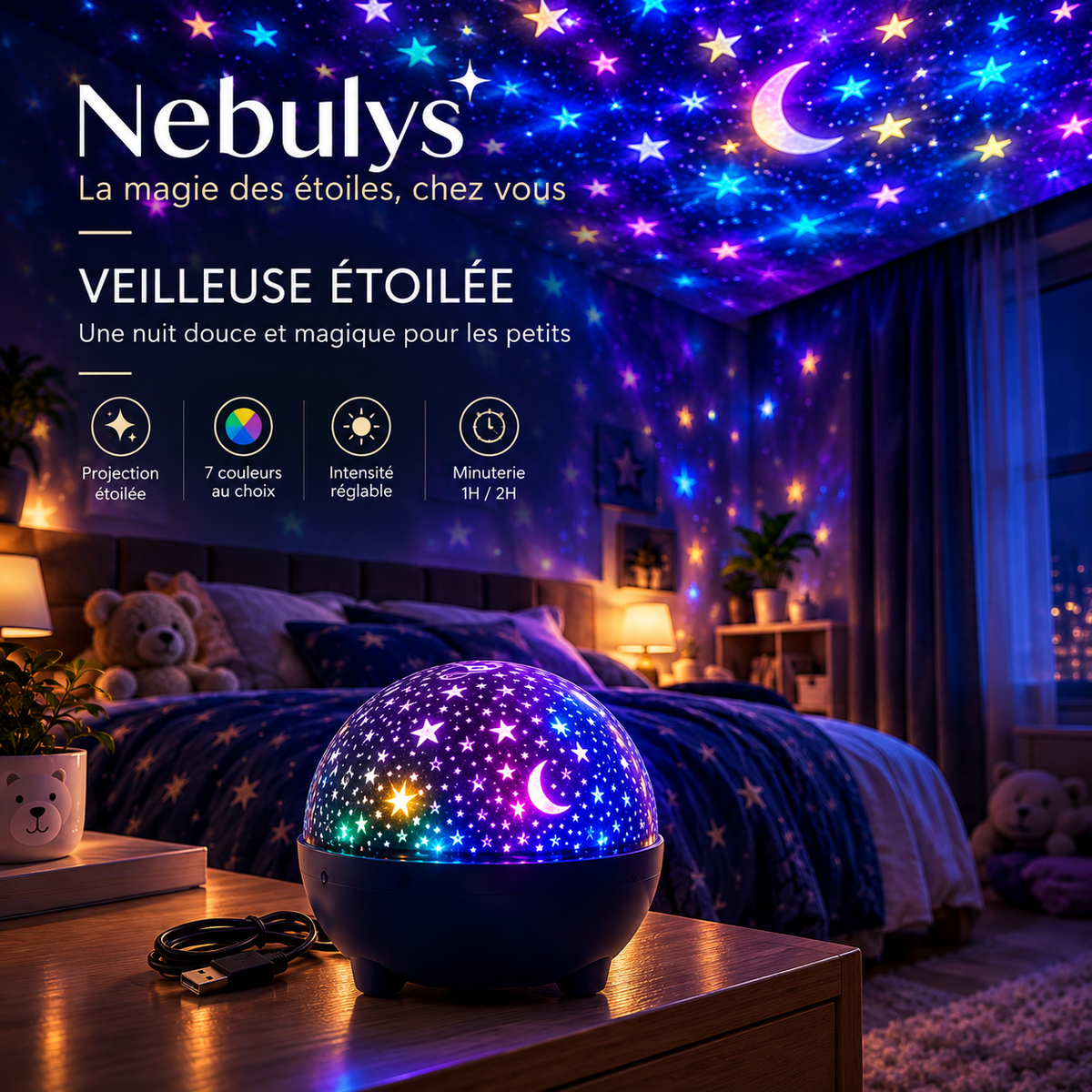 Nebulys Luna Kids — Veilleuse Étoilée Projection 7 Couleurs